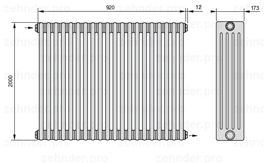 Схема (чертеж) Радиатор Zehnder Charleston 5200/20 №1670 Белый глянцевый RAL 9016